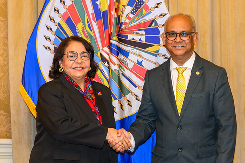 Albert Ramdin en Emma Polanco Melo bij de ondertekening van de samenwerkingsovereenkomst tussen de OAS en de Dominicaanse Rekenkamer.
